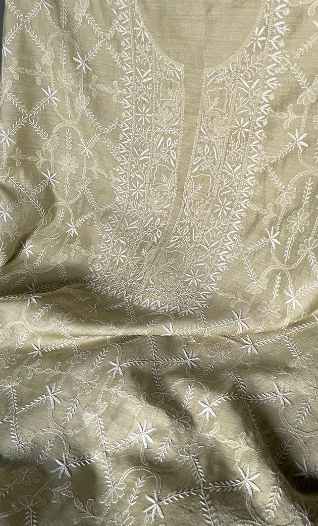 Women's Lakhnavi Handcrafted Munga Silk Chikankari Kurta And Dupatta Set- HONC0278876