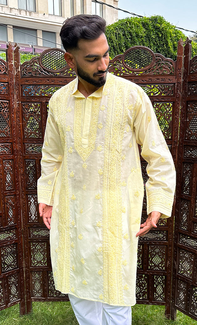 Men's Lucknowi Handcrafted Cotton Chikankari Kurta - HONC0315400