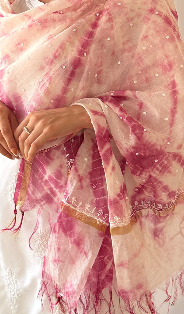 Women's Lakhnavi Handcrafted Mul Chanderi Chikankari Dupatta - HONC0320020