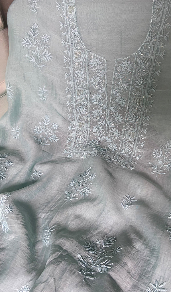 Women's Lakhnavi Handcrafted Mul Chanderi Unstitched Chikankari Full Suit Material - HONC0345045