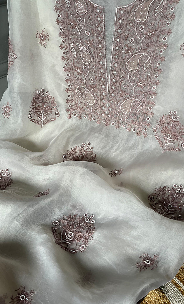 Women's Lakhnavi Handcrafted Pure Organza Chikankari Unstitched Kurta And Dupatta Set- HONC0305184