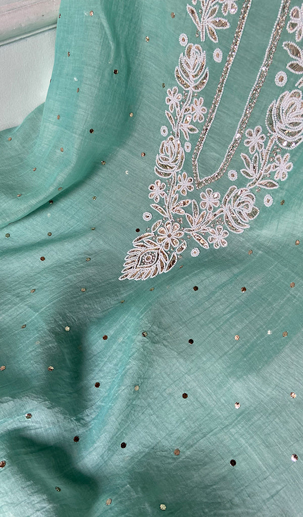 Nyla Women's Lakhnavi Handcrafted Mul Chanderi Unstitched Chikankari Full Suit Material - HONC0341667