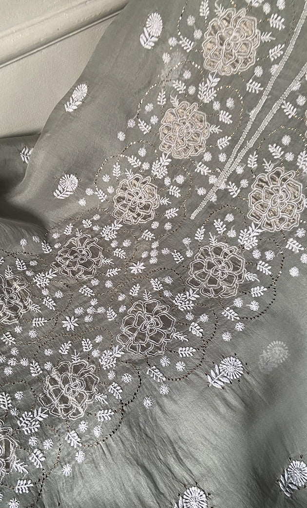 Mainaaj Women's Lakhnavi Handcrafted Pure Organza Chikankari Unstitched Kurta And Dupatta Set- HONC0256615