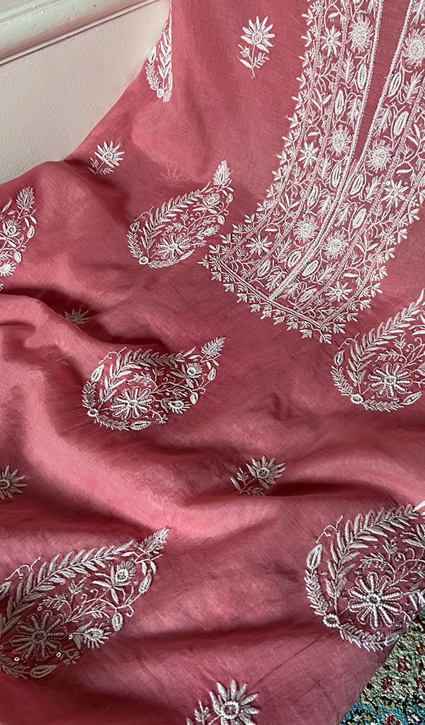 Women's Lakhnavi Handcrafted Mul Chanderi Unstitched Chikankari Full Suit Material - HONC0338252