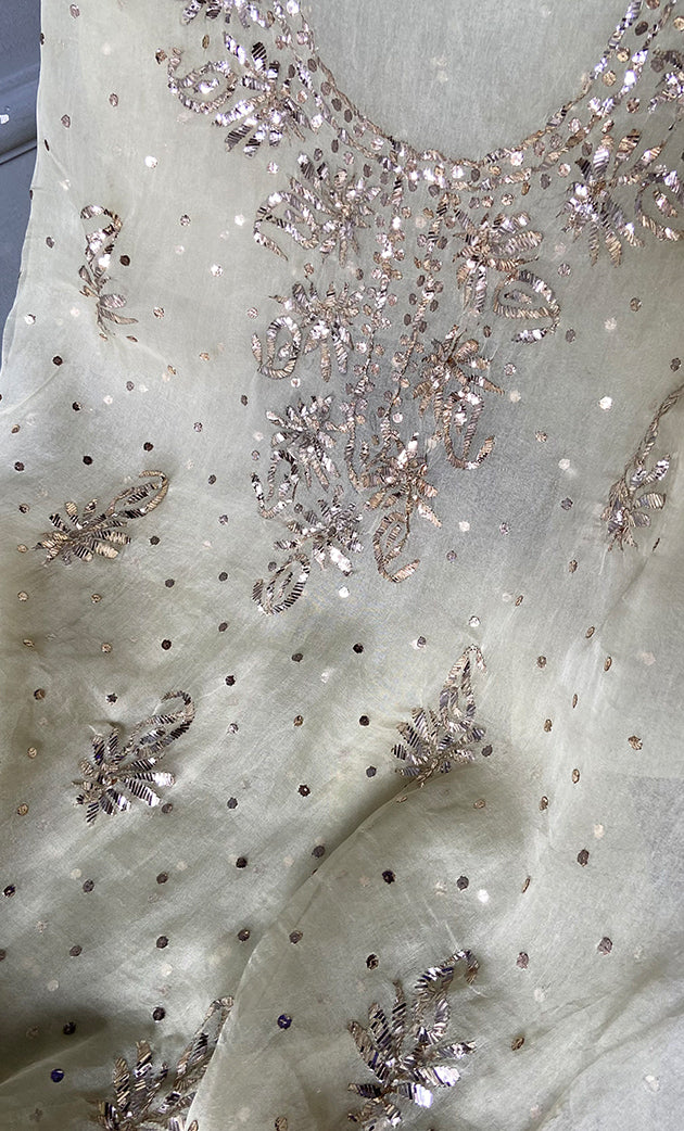 Women's Lakhnavi Handcrafted Pure Organza Chikankari Unstitched Kurta And Dupatta Set- HONC0292537