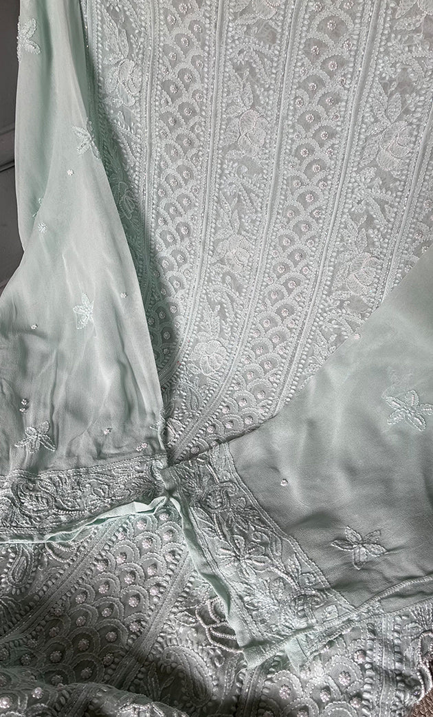 Women's Lakhnavi Handcrafted Viscose Georgette Unstitched Chikankari Anarkali  Suit Material - HONC0304690