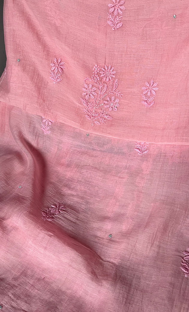 Women's Lakhnavi Handcrafted Mul Chanderi Chikankari Unstitched Kurti Fabric - HONC0307146