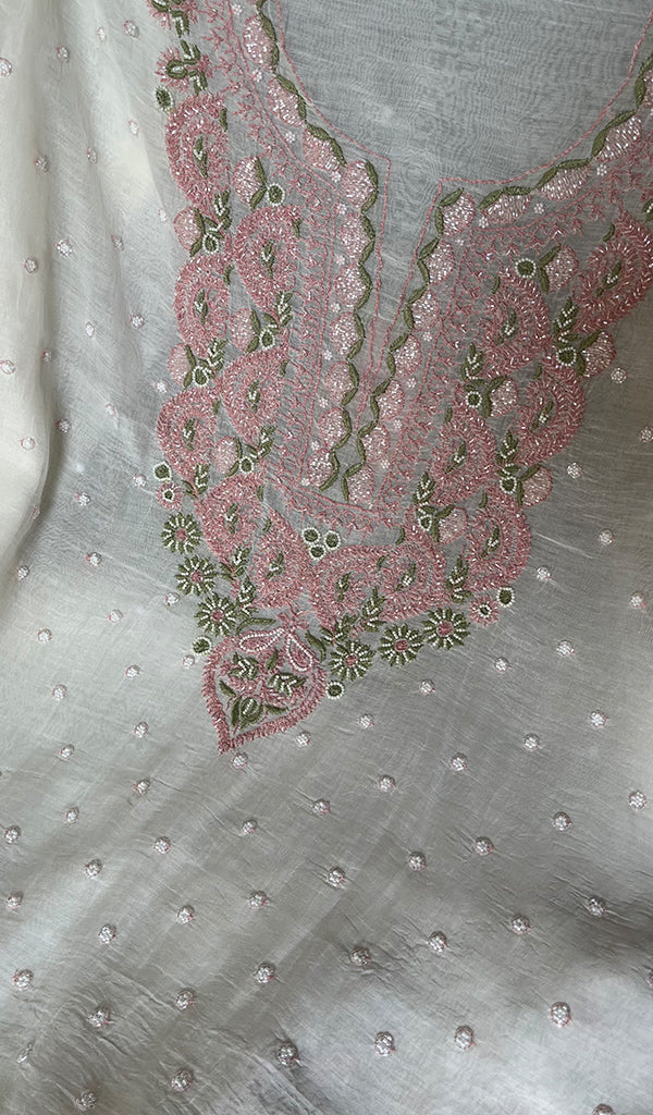 Women's Lakhnavi Handcrafted Mul Chanderi Unstitched Kurta And Dupatta Set - HONC0279818