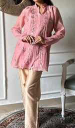 Load image into Gallery viewer, Emma Women's Lucknowi Handcrafted Mul Chanderi Stitched Chikankari Kurta And Pant Set- HONC0338384