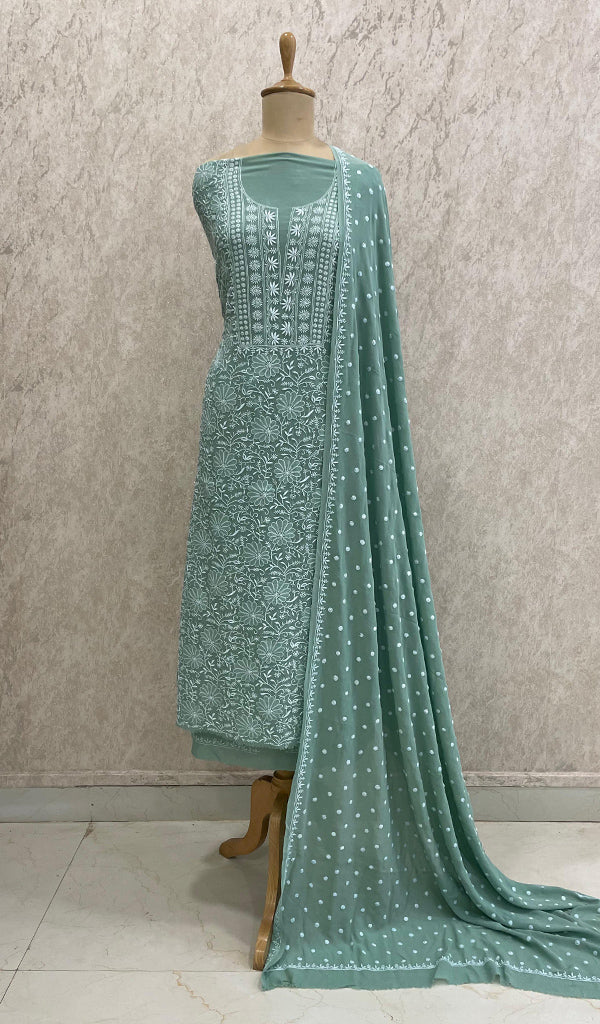 Women's Lakhnavi Handcrafted Pure Silk Georgette Chikankari Suit Material - HONC0260019