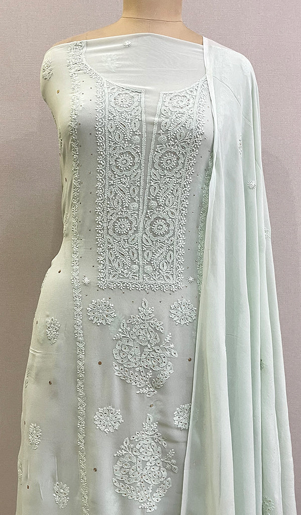 Anisha Women's Lakhnavi Handcrafted Viscose Georgette Chikankari Full Suit Material - HONC0202319
