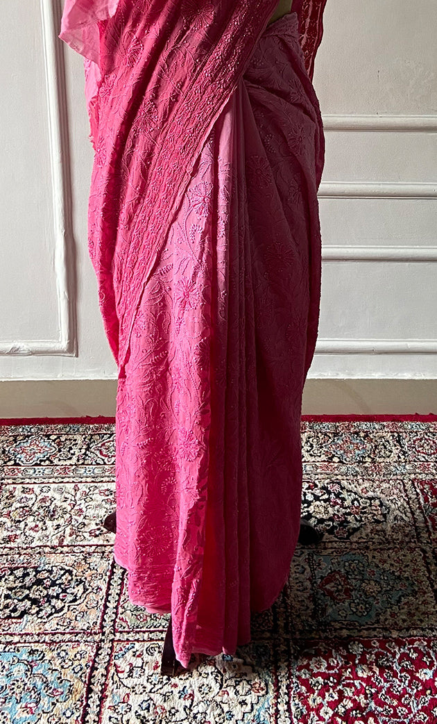 Women's Lakhnavi Handcrafted Pure Silk Georgette Chikankari Saree - HONC0327292