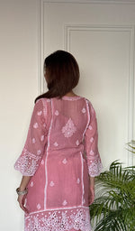 Women's Lucknowi Handcrafted Mul Chanderi Stitched Chikankari Short Kurta And Plazzo Set .