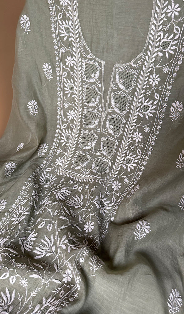 Women's Lakhnavi Handcrafted Mul Chanderi Unstitched Chikankari Full Suit Material - HONC0363740