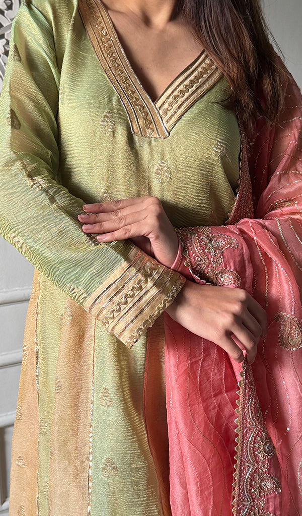 Women's Lakhnavi Handcrafted Tissue Chanderi Silk  Chikankari Stitched Anarkali , Dupatta And Pant Set - HONC0340595