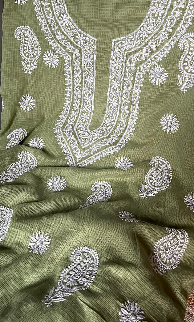Women's Lucknowi Handcrafted Kota Cotton Chikankari Unstitched Kurta And Dupatta Set - HONC0312652