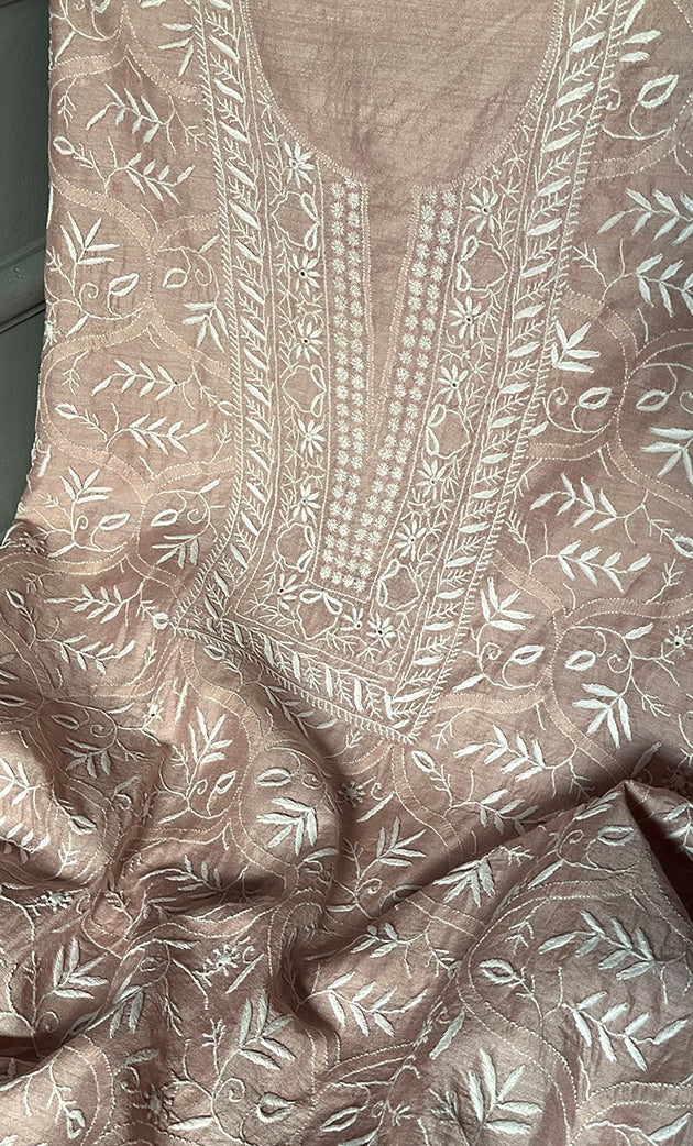 Women's Lakhnavi Handcrafted Munga Silk Chikankari Kurta And Dupatta Set- HONC0282782