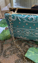 将图像加载到图库查看器中， Teal Green Chikankari Embroidered Clutch Bag - HONC0263107
