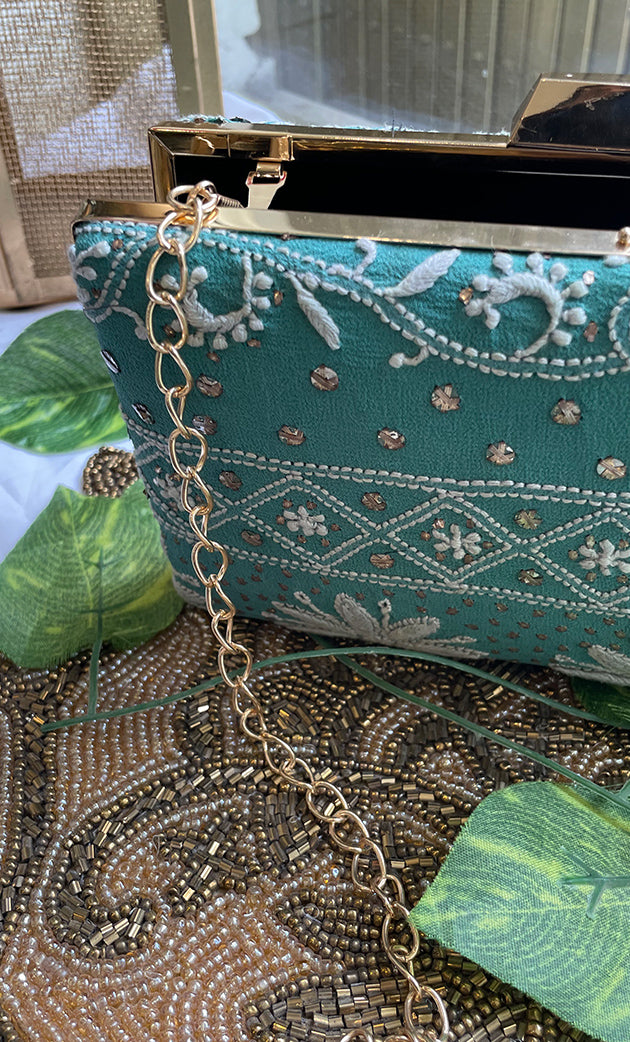 Teal Green Chikankari Embroidered Clutch Bag - HONC0263107
