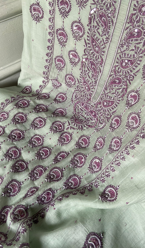 Women's Lakhnavi Handcrafted Unstitched Mul Chanderi Kurta And Dupatta Set - HONC0324066