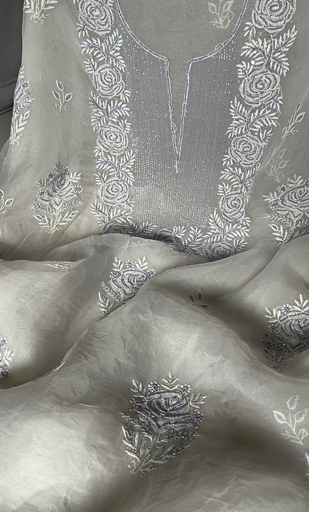 Women's Lakhnavi Handcrafted Pure Organza Chikankari Unstitched Kurta And Dupatta Set- HONC0305196