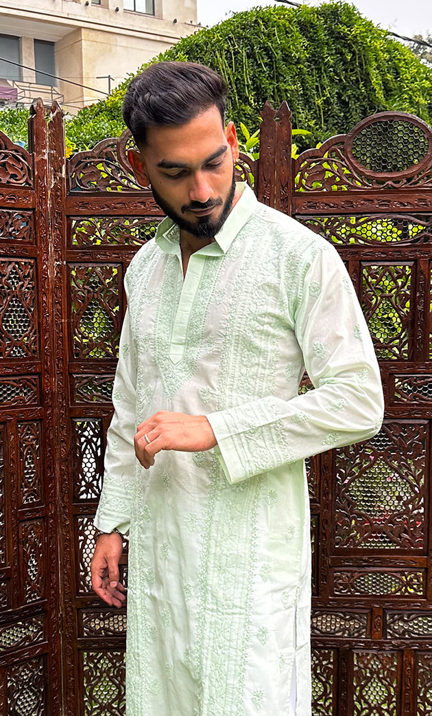 Men's Lucknowi Handcrafted Cotton Chikankari Kurta - HONC0315392