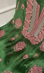 Load image into Gallery viewer, Women's Lakhnavi Handcrafted Pure Organza Chikankari Unstitched Kurta And Dupatta Set- HONC0311849