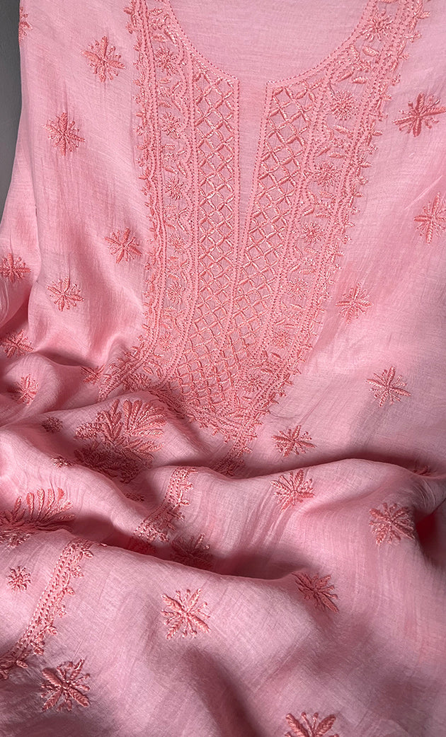 Women's Lakhnavi Handcrafted Mul Chanderi Unstitched Kurta And Dupatta Set- HONC0307430