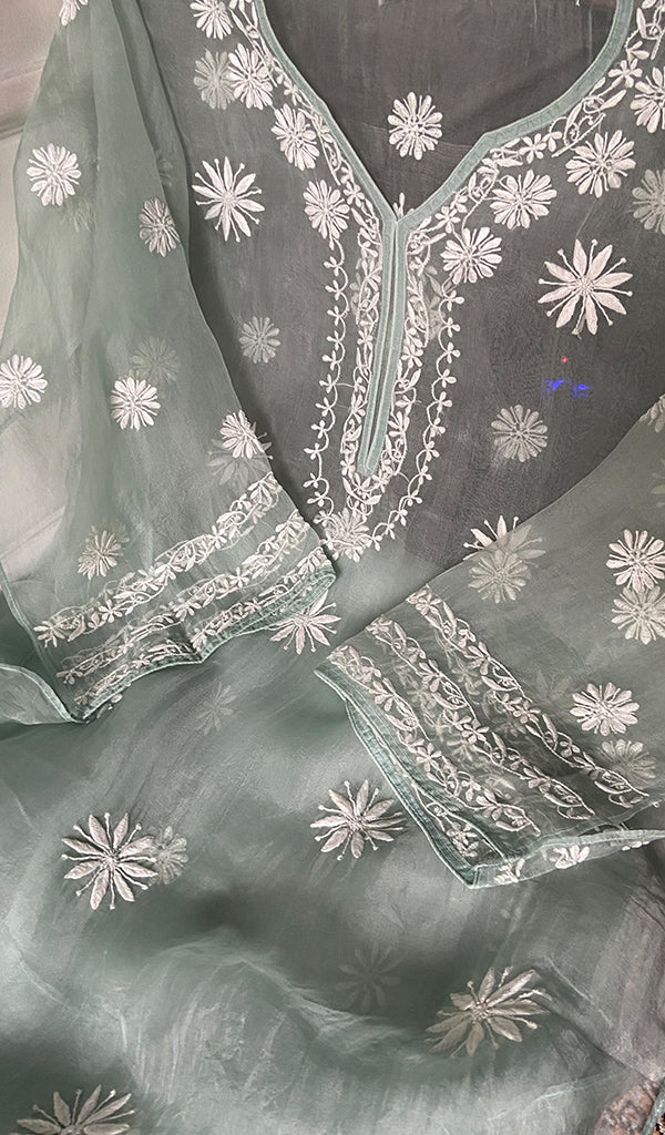 Women's Lakhnavi Handcrafted Pure Organza Chikankari Semi stitched Kurta And Dupatta Set- HONC0348606