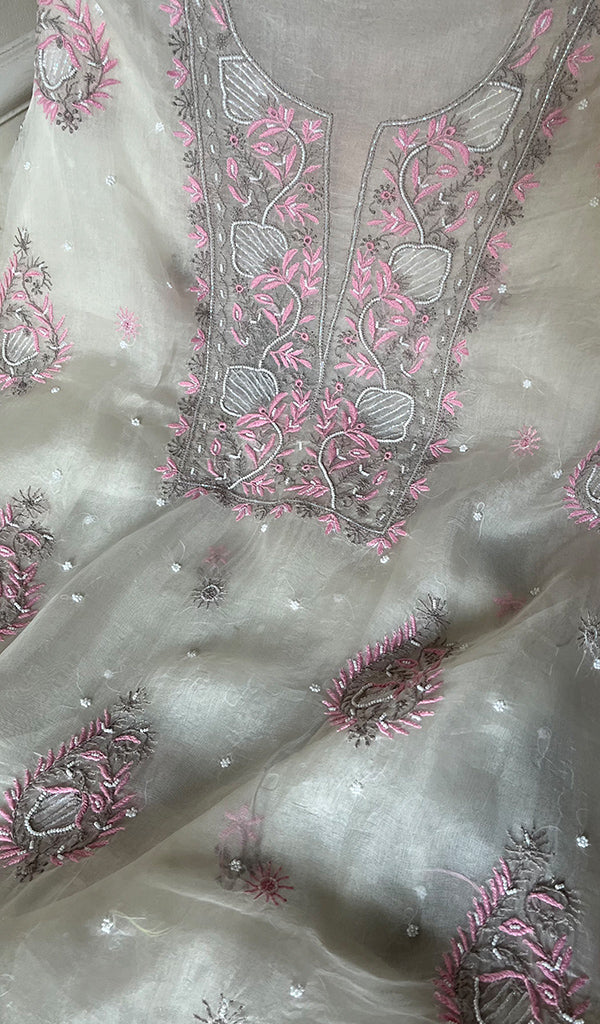 Women's Lakhnavi Handcrafted Pure Organza Chikankari Unstitched Kurta And Dupatta Set- HONC0283112