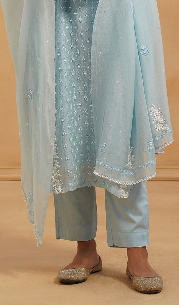 Saziya Women's Lakhnavi Handcrafted Mul Chanderi Chikankari Stitched Kurta, Dupatta And Pant Set - HONC0464646