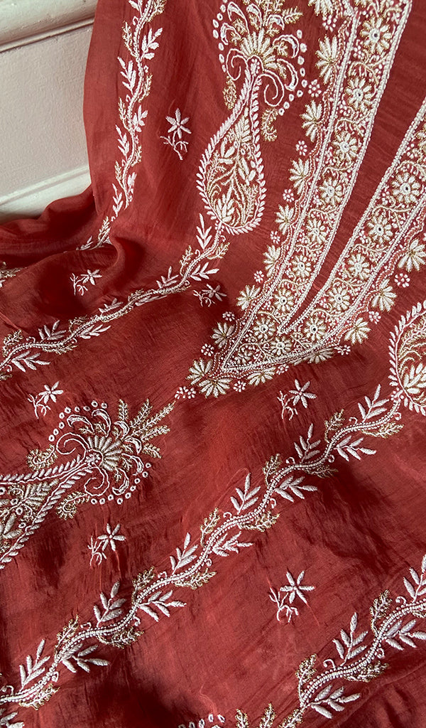 Women's Lakhnavi Handcrafted Mul Chanderi Unstitched Kurta And Dupatta Set - HONC0365688