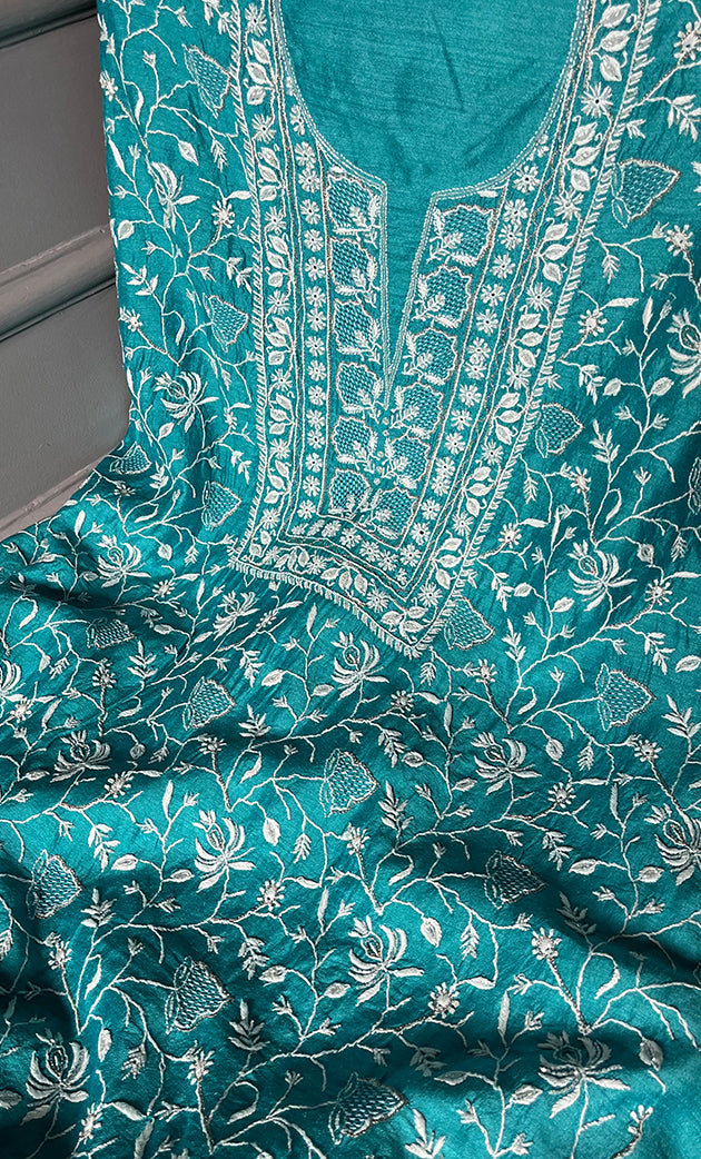 Women's Lakhnavi Handcrafted Munga Silk Chikankari Kurta And Dupatta Set- HONC0279953