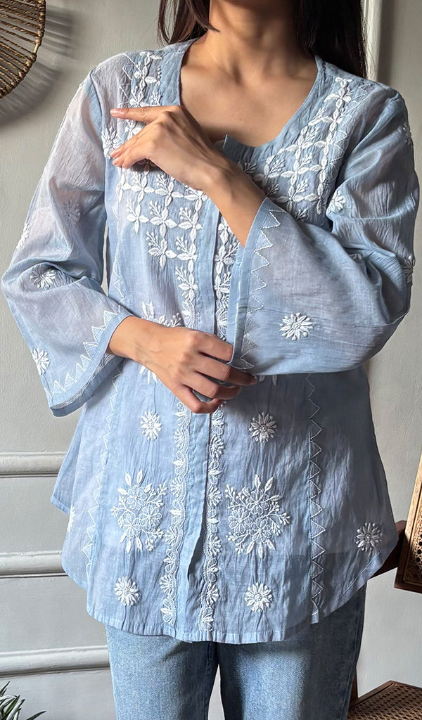 Vaanya Women's Lakhnavi Handcrafted Mul Chanderi Chikankari Top - HONC0334148