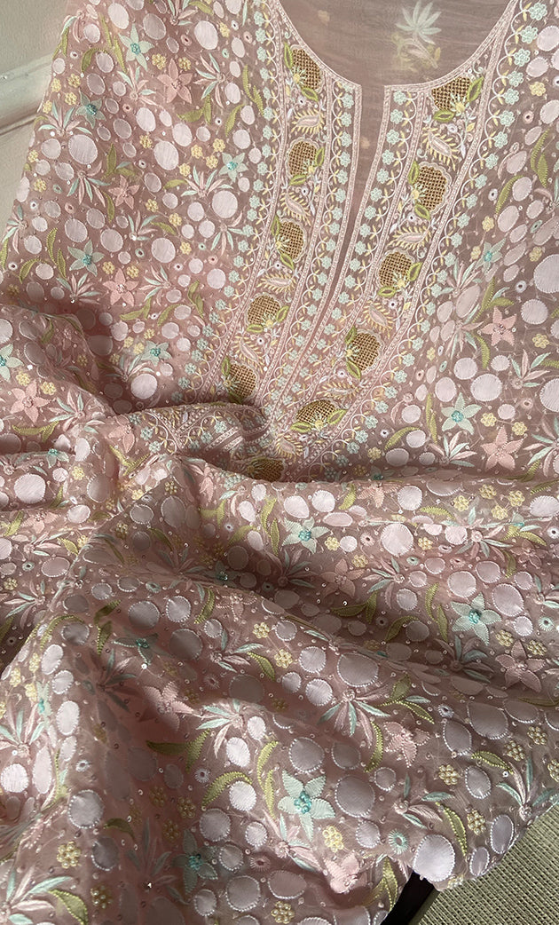 Women's Lakhnavi Handcrafted Pure Organza Chikankari Unstitched Kurta And Dupatta Set- HONC0318888