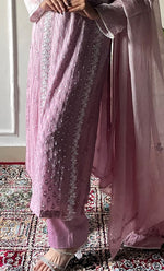 Load image into Gallery viewer, Women's Lakhnavi Handcrafted Mul Chanderi Chikankari Stitched Kurta, Dupatta And Pant Set - HONC0321277