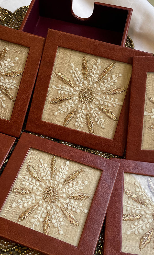 Handcrafted Chikankari Tea Coaster Set with Wooden Holder – Set of 6 - HONC0310084