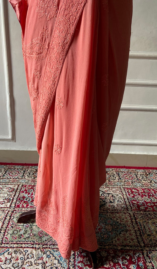 Women's Lakhnavi Handcrafted Pure Silk Georgette Chikankari Saree - HONC0309585