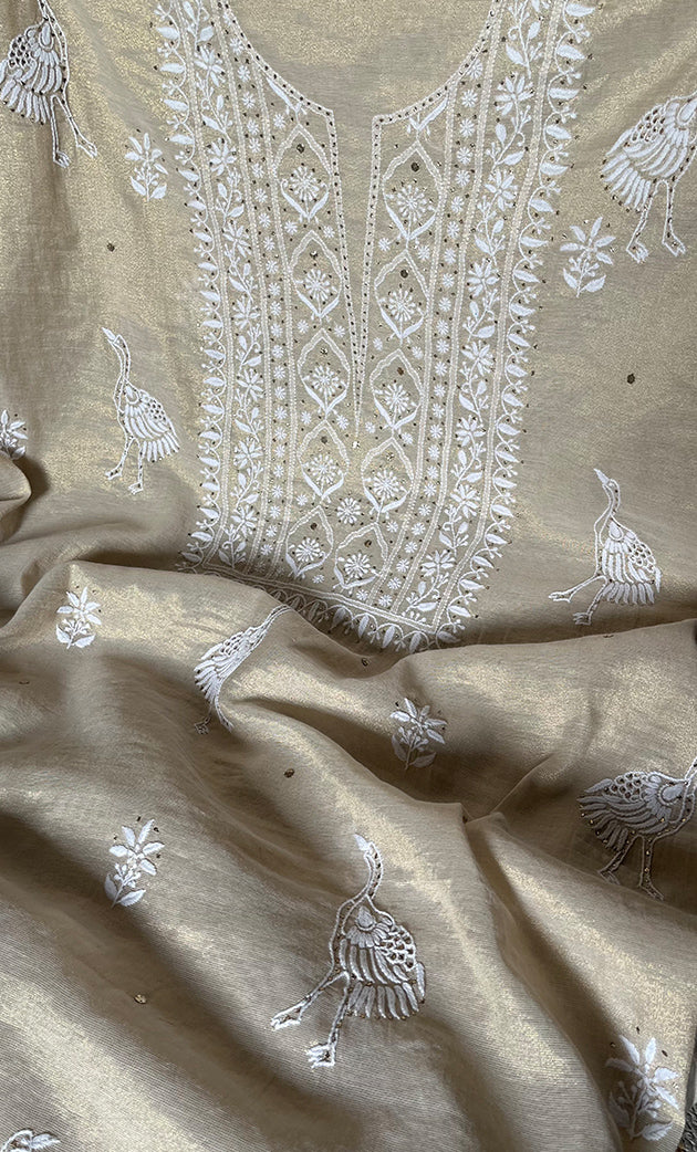 Women's Lakhnavi Handcrafted Tissue Chanderi Unstitched Kurta And Dupatta Set - HONC0267164