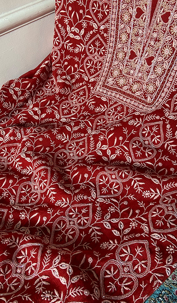 Women's Lakhnavi Handcrafted Maheshwari Mul Chanderi Unstitched Kurta And Dupatta Set - HONC0330509
