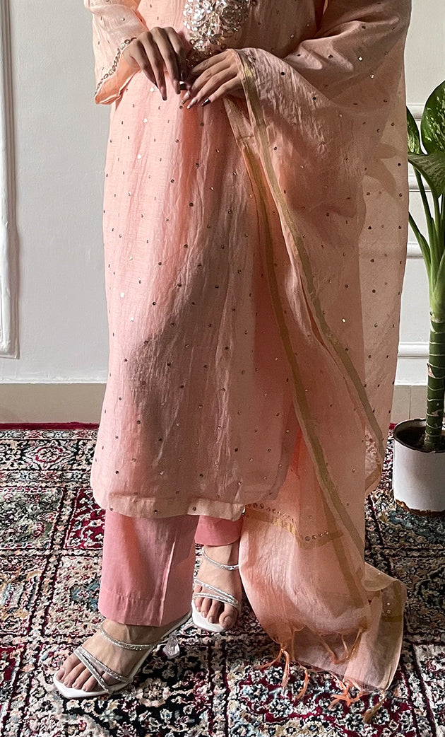 Women's Lakhnavi Handcrafted Mul Chanderi Chikankari Stitched Kurta, Dupatta And Pant Set - HONC03224190