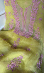 将图像加载到图库查看器中， Gulaab Women's Lakhnavi Handcrafted Pure Organza Chikankari Unstitched Kurta And Dupatta Set- HONC0311853