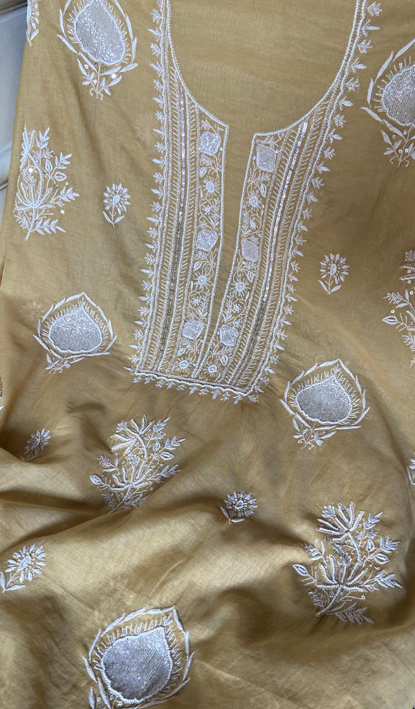 Women's Lakhnavi Handcrafted Mul Chanderi Unstitched  Chikankari Full Suit Material - HONC0334940