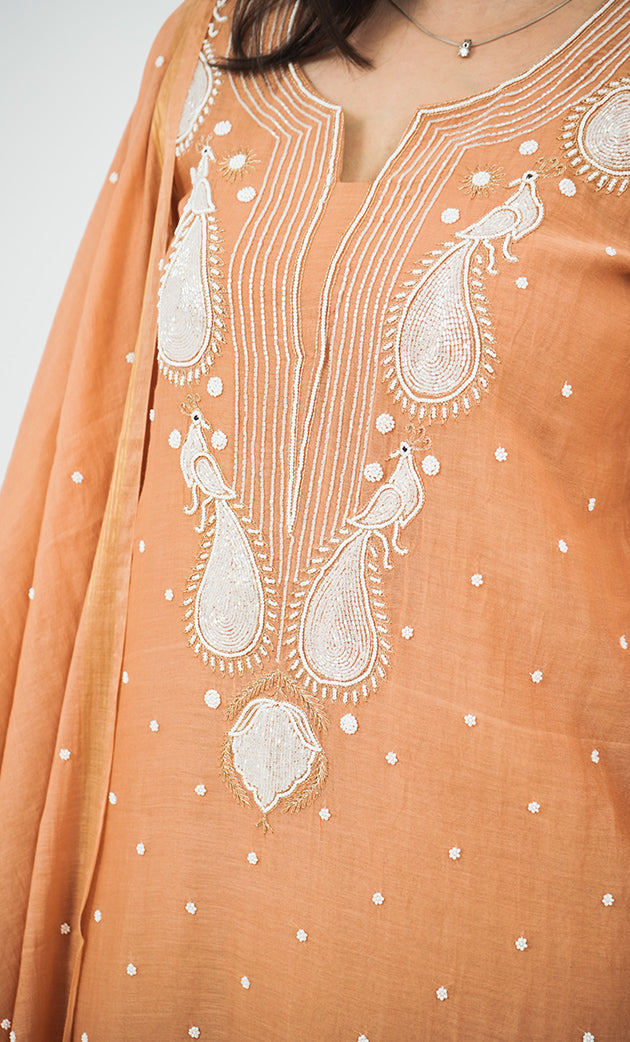 Women's Lakhnavi Handcrafted Mul Chanderi Chikankari Stitched Kurta, Dupatta And Pant Set - HONC03144550