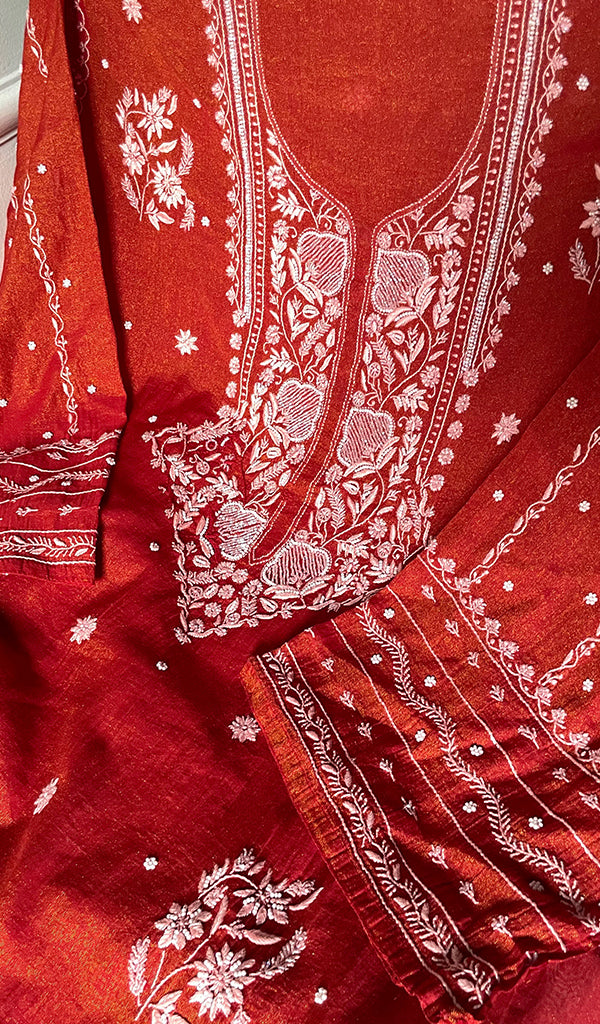 Women's Lakhnavi Handcrafted Tissue Chanderi Unstitched Kurta And Dupatta Set - HONC0299540