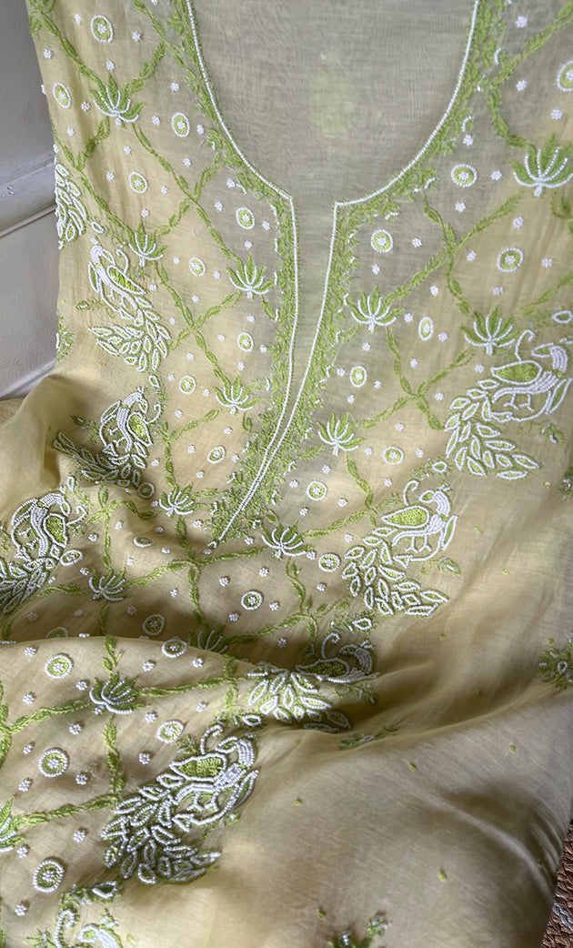 Women's Lakhnavi Handcrafted Mul Chanderi Unstitched Kurta And Dupatta Set - HONC0302266