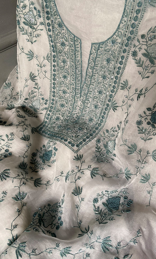 Women's Lakhnavi Handcrafted Pure Organza Chikankari Unstitched Kurta And Dupatta Set-  HONC0271899