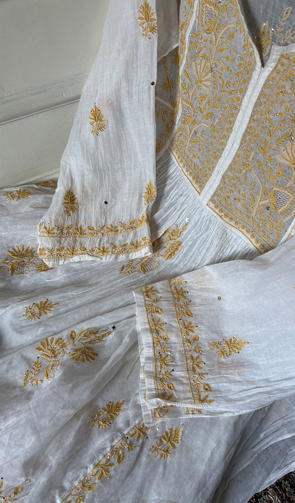 Women's Lakhnavi Handcrafted Mul Chanderi Semi - Stitchd Kurta And Dupatta Set - HONC0322136