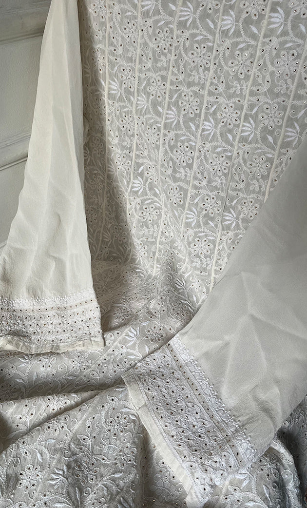 Women's Lakhnavi Handcrafted Pure Silk Georgette Chikankari Semi - Stitched Anarkali And Dupatta Set- HONC0302212