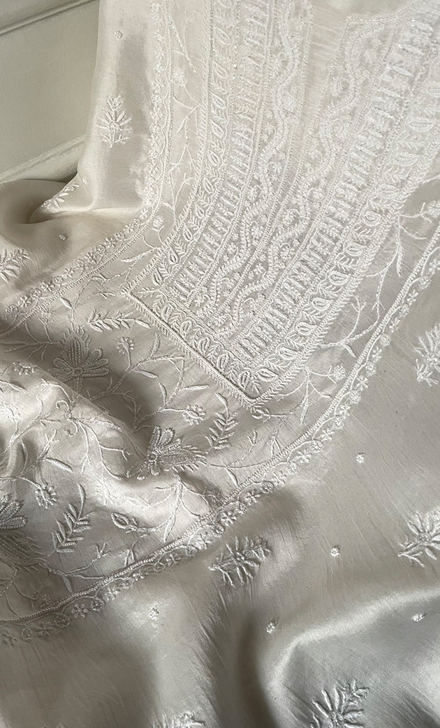 Women's Lakhnavi Handcrafted Chanderi Silk Unstitched Kurta And Dupatta Set - HONC0327486